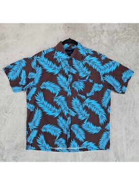 Aisokula Shirt Mens Large Brown Blue Leaf Hawaiian Button Up Casual Tropical